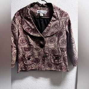 Vintage Inspired Floral Circle Print Button-Up Crop Blazer — Taupe and Plum